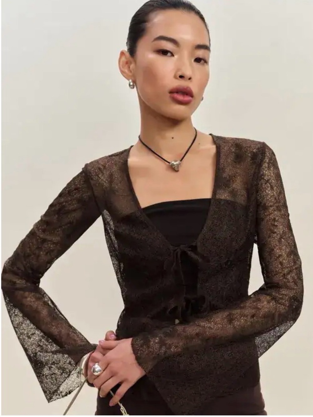 Reformation KRISTEN LONG SLEEVE SHEER LACE TIE FRONT TOP